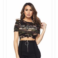 The Future Is Female Crop Top T-Shirt. Camouflage Print Short Sleeve Front Tie Tee Shirt. Crop Tops Women, Green And Brown, Printed Shorts, Cute Fashion, Chic Outfits, Stylish Outfits, Colorful Shirts, Tee Shirts, Crop Tops