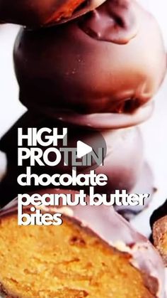 an advertisement for high protein chocolate peanut butter bites