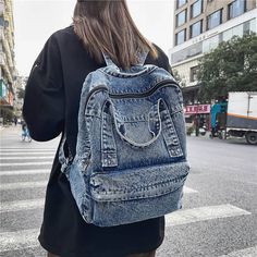 Details: Style: Street Trend Type: Backpack How to open the lid: Zipper Hardness: soft Material: Denim Size: 33cm*13cm*37cm Note: Manual measurement, please allow 1-3cm error range, the color is subject to the actual product. Travel Bagpack, Mochila Jeans, Mens Fashion Denim, Retro Backpack, Denim Backpack, Shoulder Backpack, Jeans Casual, Blue Backpack, Denim Branding