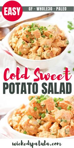 two pictures with the words pale whole sweet potato salad in it and an image of peas on