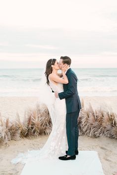 a bride and groom kissing on the beach in front of some pampo grass at sunset