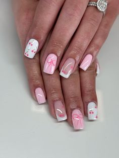 Pink nail art with bows and cherries. Perfect for breast cancer awareness month Nail Design Pink And White, Acrylic Nail Designs Cherry, Basic Pink Nail Designs, Gel Nails With Bows, Pink Bow Acrylic Nails, Pink Nails Girly, Nails With A Bow Design, Bow Pink Nails, Cute Girly Nail Designs