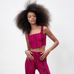 This Zara Textured Corset Top In A Beautiful Pink Color Features A Unique And Stylish Design. Size: L Chic Stretch Pink Crop Top, Chic Pink Stretch Crop Top, Pink Stretch Crop Top For Night Out, Pink Fitted Sleeveless Sets, Chic Pink Sleeveless Set, Stretch Pink Crop Top For Night Out, Fitted Sleeveless Pink Sets, Pink Casual Party Sets, Casual Pink Party Sets