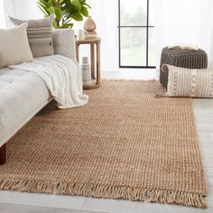 a living room scene with focus on the area rugs and pillows that have fringed edges