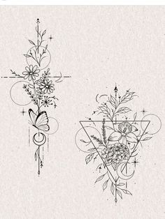 two drawings of flowers, one with a butterfly and the other with a flower arrangement