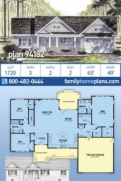 the floor plan for this house is shown in blue and white, with two levels to each