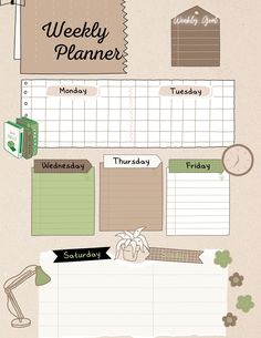 an image of a planner with the words weekly planner written in green and brown on it