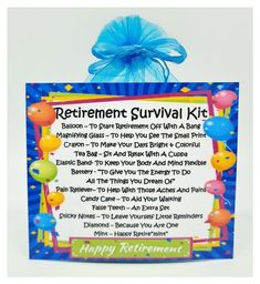 a retirement survival kit with balloons and ribbons on the front, attached to a blue ribbon