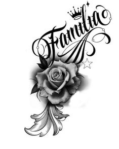 a black and white rose with the word fauntia written in cursive writing