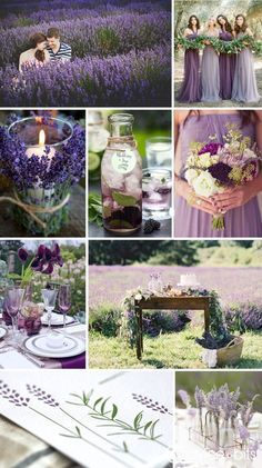 a collage of photos with lavenders, candles and flowers in vases on the table