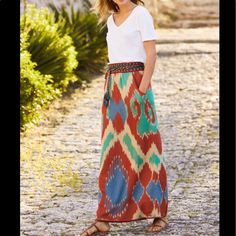 Brand New Skirt By Peruvian Connection. This Skirt Is 100 Percent Pima Cotton And Features A Gorgeous Tribal Aztec Print. Length Approx 42 Inches Waist Measured Across Approx 12 Inches. Skirt Does Have Some Stretch. Bohemian Multicolor Skirt With Pockets, Cotton Maxi Skirts, Peruvian Connection, Knit Maxi Skirt, Easy Shape, Floor Length Skirt, Travel Dress, 60 Fashion, Cotton Maxi