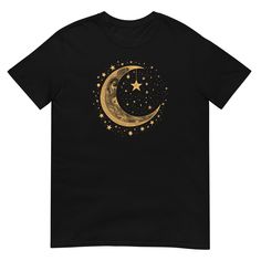 a black t - shirt with gold stars and a crescent on the front, against a white background