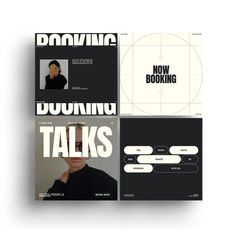 an image of a magazine cover with the title'now booking talks'in black and white