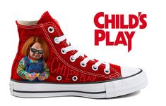 Looking for a new pair of kicks that will make you stand out from the crowd? Step into a realm of horror with our exclusive red Chuck Taylor High Tops, boasting original art of the iconic Chucky film 'Child's Play'. These vibrant sneakers are not just a nod to a cult classic, but also a masterpiece crafted with precision and passion. Designed by our featured guest artist, Mike D.(@morethanmiked), each pair is a testament to the fusion of fashion and horror artistry. Dare to make a statement? Wit Casual Red Sneakers With Custom Artwork, Chuck Taylor High Tops, Red Chucks, Play Converse, Chuck Taylors High Top, Chuck Taylor, Conversation Piece, Kids Playing, High Tops