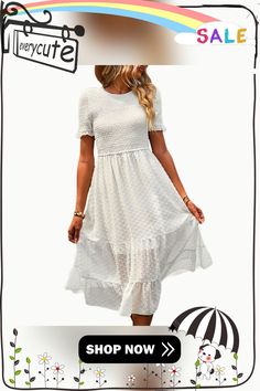 White Swiss Dot Pleated Elegant Short Sleeve Midi Dress Fitted Swiss Dot Midi Dress, Casual Midi Length Swiss Dot Dresses, Casual Midi Length Dresses With Swiss Dot, Casual Swiss Dot Midi Length Dresses, Casual Swiss Dot Midi Dress, Casual Swiss Dot Dress For Brunch, Short Sleeve Midi Dress, Midi Short Sleeve Dress, Dresses By Length