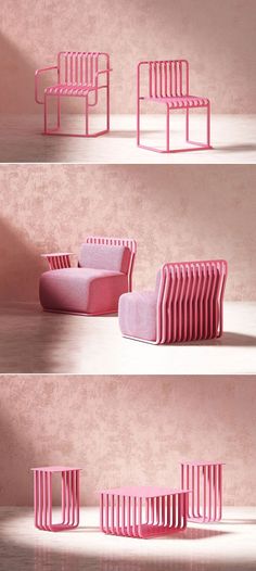 three pink chairs sitting next to each other