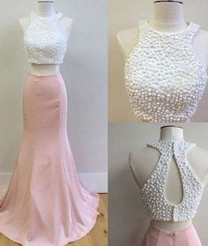 Cute Two Piece Beading Prom Dress, Mermaid Prom Dress Long Homecoming Dress, Two Piece Evening Dresses, Pink Formal Dress, Dress For Teens, Prom Dress Pink, Top Prom Dresses, 2 Piece Prom Dress, White Prom, Prom Dress Long