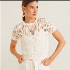 Mango Openwork Cotton Top. Never Worn! Cotton-Blend Fabric. Knitted Fabric. Openwork Details. Rounded Neck. Cable Knit Collar. Short Sleeve. White Stretch Crew Neck Knit Top, White Pointelle Knit Crew Neck Top, Pointelle Knit Crew Neck Blouse, White Crew Neck Top In Pointelle Knit, Chic Short Sleeve Crochet Top With Pointelle Knit, White Textured Knit Top With Short Sleeves, White Knit Short Sleeve Top, White Pointelle Knit Short Sleeve Top, Chic White Pointelle Knit Blouse