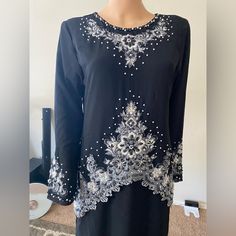 Brand New Hand Made Embroidered Bead Kaftan With Head Scarf Size - If You Are S & M Size If Will Fit You For Up To M Size Elegant Black Abaya With Floral Embroidery, Elegant Long Sleeve Embellished Embroidered Fabric, Fitted Embroidered Black Abaya, Elegant Black Embroidered Fabric For Eid, Elegant Embellished Blouse For Eid, Embellished Long Sleeve Blouse For Eid, Elegant Black Blouse With Intricate Embroidery, Elegant Black Embroidered Fabric With Dabka Work, Elegant Embroidered Abaya For Festive Occasions