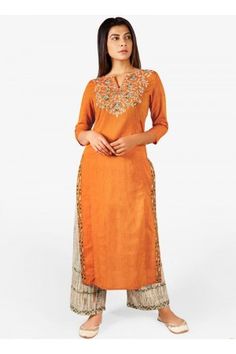 Orange cotton casual wear embroidered Kurti Palazzo Embroidered Orange Palazzo Set, Orange Printed Motifs Palazzo Set, Festive Orange Palazzo Set With Printed Motifs, Orange Printed Motif Palazzo Set For Eid, Orange Palazzo Set With Printed Motifs For Eid, Khadi Kurti, Khadi Kurta, Buy Salwar Kameez Online, Indian Kurti Designs