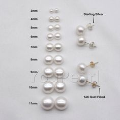 Type:Genuine Freshwater Pearls Stud Earrings  AA+ Pearl color:Natural white Pearl size:3mm 4mm 5mm 6mm 7mm 8mm 9mm 10mm 11mm Pearl shape:Button Pearl luster:Very high  Pearl blemish:95% free Metal:Solid 925 Sterling Silver (925 stamped) or  14K gold filled (1/20 14K stamped) Please Note: Due to the variance of the natural pearls, size measurement is approximate, and color may vary a little. The price is for a pair of earring studs. Beaded Tassels Diy, Gold Rings Fashion, Classic Earrings, Pearl Stud Earrings, Pearl Size, Natural Pearls, Cultured Pearls, Jewelry Earrings Studs, Solid 925 Sterling Silver