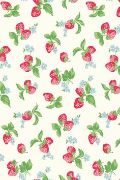 a white background with red strawberries and blue flowers