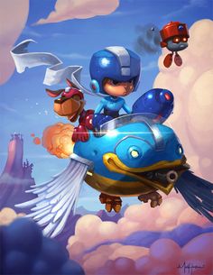 an animated character flying through the air on top of a blue plane with two other characters