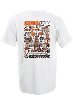 Let everyone know who you root for in this Texas White Julia Gash Short Sleeve T-Shirt! This Texas Local Stuff Shop Short Sleeve Tee features a screen print steer on left chest with screen print Julia Gash city illustration on center back. Short sleeve, Crew neck, Relaxed fit, Unisex, Screen printed graphic, 100% Cotton Map Shirt Design, Austin White, Texas Shirts, Camp David, David Austin, City Illustration, Grand Opening, Screen Print, Short Sleeve Tee