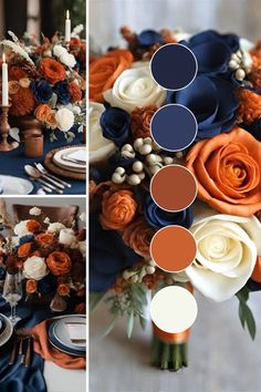 an image of a wedding table setting with blue and orange flowers