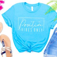 Positive Vibes Only Graphic Tshirt. This Is A Unisex Style But It Is Pretty True To Size And Is Soft! You Will Love The Feel And Fitting Of This Shirt. 100% Preshrunk Cotton. Brand New, Never Worn. Trendy Blue Pre-shrunk T-shirt, Basic Blue Slogan Tops, Basic Blue Tops With Slogan, Basic Blue Tops With Text Print, Basic Blue T-shirt With Slogan, Blue T-shirt With Slogan In Relaxed Fit, Trendy Blue Slogan Top, Blue Graphic Tee T-shirt With Slogan, Blue Graphic Tee With Slogan