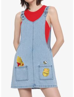 Disney Winnie The Pooh Embroidered Denim Skirtall Dress Like Winnie The Pooh, Womens Disney Clothes, Dresses To Wear To Disneyland, Cute Disney Clothes For Women, Heels For School, Winnie The Pooh Stuff, Disney Park Outfit, Disney Boutique, Blue Jean Overalls