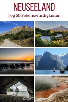 the cover of a book with pictures of mountains and water in different languages, including an image