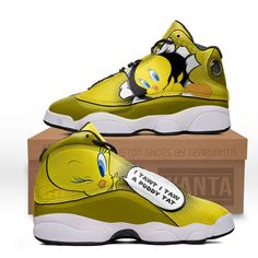 Tweety J13 Sneakers Custom Comic Style Shoes-Gear Wanta Jordan Leather Shoes With Rubber Sole And Round Toe, Leather Jordan Shoes With Rubber Sole, Leather Jordan Shoes With Rubber Sole And Round Toe, Leather Basketball Shoes With Round Toe, Lace-up Basketball Shoes With Rubber Heel Cap For Sports, Lace-up Basketball Shoes With Rubber Heel Cap, Santa Cruz Shirt, Jordan 13 Shoes, Cartoon Shoes