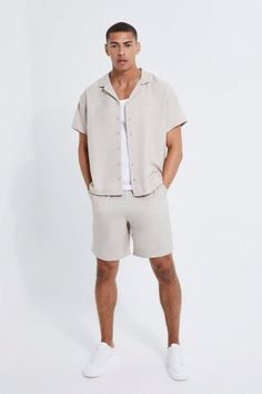 Boxy Linen Shirt And Short Set | boohooMAN USA Mens Shorts Outfits, Mens Linen, Summer Outfits Men, Easy Breezy, Short Set, Look Plus, Linen Shorts, Embroidered Shirt, Denim Shop