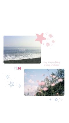 an image of the ocean and sky with pink flowers on it's left side