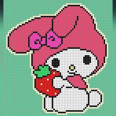 a cross stitch pattern with an image of a dog wearing a pink hat and holding a strawberry