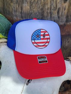 High quality, foam/mesh trucker hat with adjustable snapback.  Thank you for visiting my shop! Blue Trucker Hat, Vacation Hat, Women Trucker, Red White Blue, Trucker Cap, White Blue, 4th Of July, Caps Hats, Trucker Hat