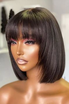 10 Inch Short Bob Wigs with Bangs for Women Human Hair Brazilian Virgin Hair | eBay Bang Hair, Wig Styling, Remy Hair Wigs, Top Base, Short Straight Hair, Layered Bob