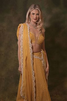 Yellow lucknowi georgette lehenga with thread, pearls, floral, sequins and stones hand embroidery. Comes with a padded blouse and a dupatta. - Aza Fashions Lehenga Pattern, Georgette Lehenga, Padded Blouse, Embroidered Lehenga, Ghagra Choli, Set For Women, Aza Fashion, Lehenga, Hand Embroidered