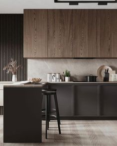 a kitchen with wooden cabinets and stools in the center, along with an island