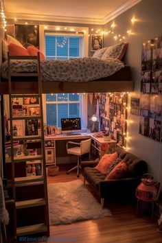 a bedroom with bunk beds and lots of lights