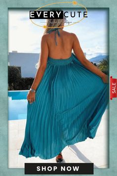 Flowy Halter Smocked Waist A Line Chiffon Pleated Maxi Dress - Azure Blue Blue Pleated Maxi Dress For Summer, Flowy Ruched Maxi Dress For Beach Season, Flowy Maxi Dress With Smocked Bodice For Beach Season, Flowy Ruched Dress For Beach Season, Chic Turquoise Maxi Dress For Beach, Spring Ruched Beach Cover-up Dress, Spring Ruched Dress As Beach Cover-up, Chic Turquoise Maxi Dress For Summer, Casual Pleated Chiffon Maxi Dress