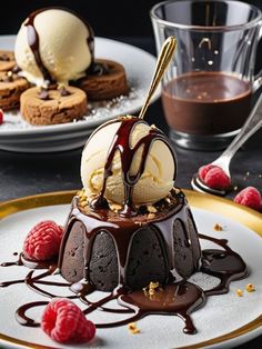 two desserts with ice cream and raspberries on a plate next to chocolate sauce