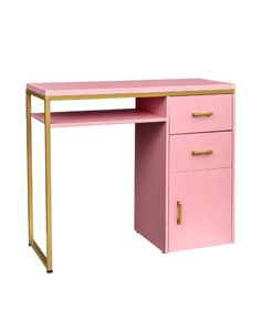 a pink desk with gold legs and drawers