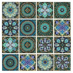 nine blue and green tile designs on a white background, each with an intricate design