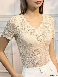 Katykey - Introducing the Semi-sheer Floral Lace V Neck Blouse: A Sophisticated Short Sleeve Piece suitable for Spring and Summer, Exclusively Designed for Womens Fashion. Classic Style Women, V Neck Blouse, Lace Pattern, Floral Lace, Types Of Printing, Knit Fabric, Collar Styles, Weaving, Solid Color