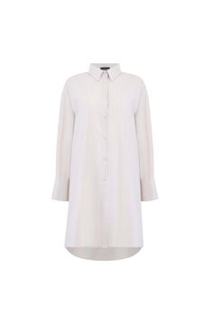 This James Lakeland  Boyfriend shirt style dress is a cool yet stylish piece. With a button up classic collar, long sleeves and split cuffs it can be worn as an over shirt or a loose dress.     Made in Italy 100% Cotton Machine Wash at 30°C, Permanent Press, Iron at Low Temp, Dry Clean any solvent except trichloroethylene, Do Not Tumble Dry. Oversized White Collared Shirt Dress, Classic White Shirt Dress For Fall, Striped Long Sleeve Shirt Dress For Daywear, Classic Striped Long Sleeve Shirt Dress, Classic Striped Shirt Dress For Work, White Long Sleeve Shirt Dress With Button Cuffs, Long Sleeve Shirt Dress With Striped Collar For Work, Chic Striped Shirt Dress With Relaxed Fit, White Shirt Dress With Shirttail Hem For Work