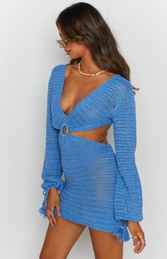 Cleo Crochet Dress Blue – Beginning Boutique US Blue Crochet Dress, Rock Dresses, Prom Midi Dress, Blue Crochet, Beginning Boutique, Cute Sandals, Strapless Tops, Long Crop Top, Gold Accessories