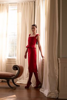 This piece takes inspiration from Victorian era portraits of women, evoking a sense of modern romance. Fall in love with our deep reds, luxurious velvets, and silks, paired with moody floral prints perfect for the Holiday Season. Our Amaranth Red Silk Satin Pencil Skirt is dry clean only and is available in sizes small through medium. Satin Pencil Skirt, Portraits Of Women, Modern Romance, Amaranth, Feminine Outfit, Red Satin, Red Silk, Knit Jacket, Victorian Era