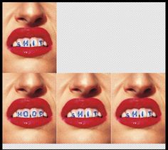 four photos of the same woman's lips with words painted on them to spell out something